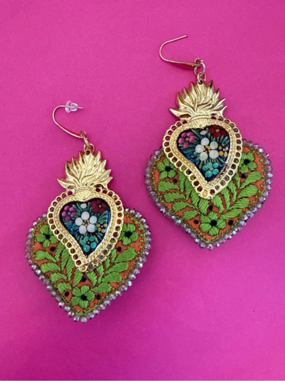 Hand made Gold-Tone Green Floral Heart Drop Earrings